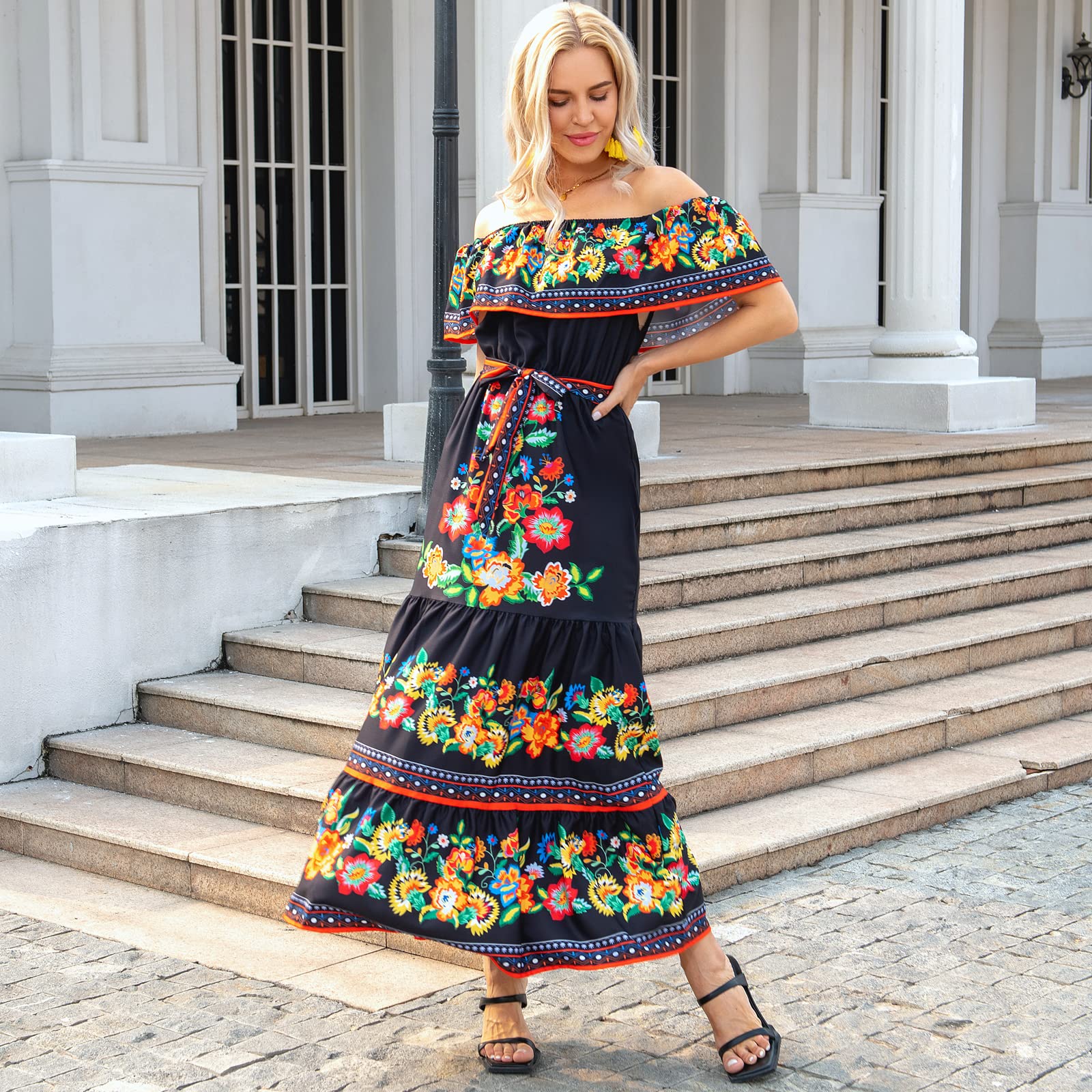 Xplanet Women's Mexican Off Shoulder Floral Print Maxi Dress - Summer Casual Party Sundress for Beach Vacation, Date Night & Outdoor Events