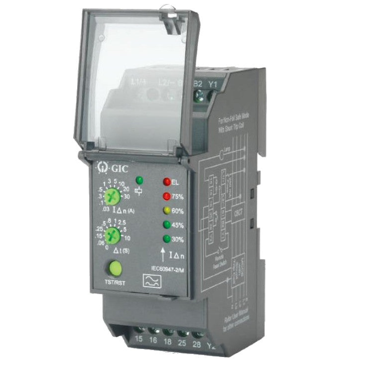 Earth Leakage Relay 30mA to 30A, 100-240VAC, DIN Rail Mount, SPDT & SPNO Relay - Ideal for Industrial Electrical Panels, Machine Protection, and Power Distribution Systems