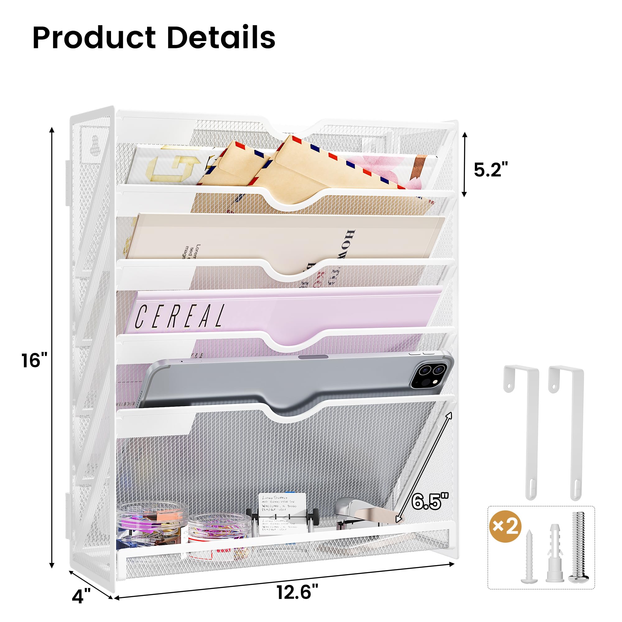 6-Tier Hanging File Organizer with Hooks - Wall Mount Mesh Magazine & Paper Folder Holder for Office, Home & School - Perfect for Organizing Mail, Documents & Office Supplies (White)