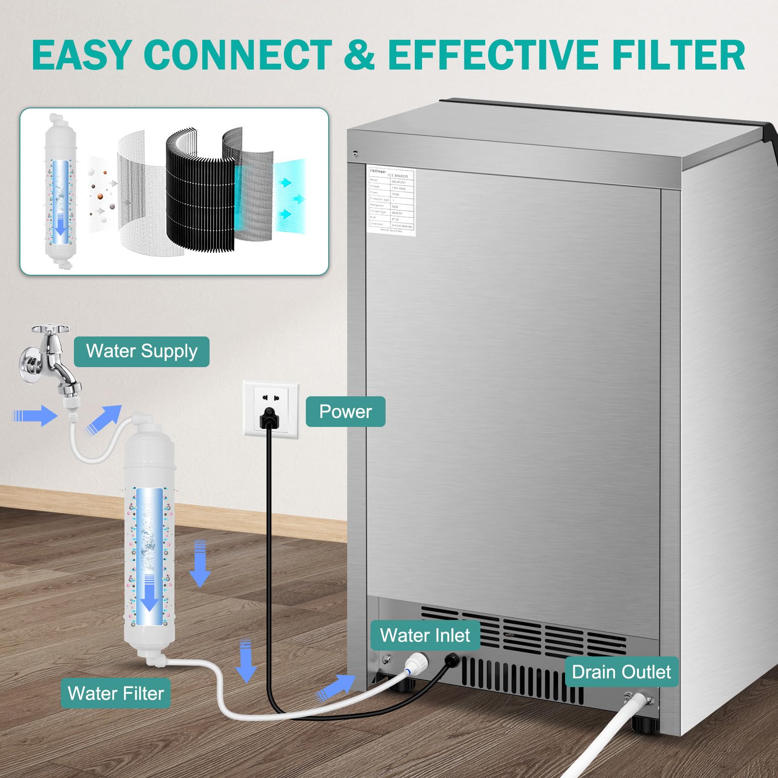 Commercial Ice Maker Machine 150lbs/24H with 45Lbs Storage Bin - Fast 8-Minute Ice Production, Freestanding Countertop Ice Machine for Home, Bar, Office, Restaurant - Perfect for Cocktails, Beverages & Food Preservation
