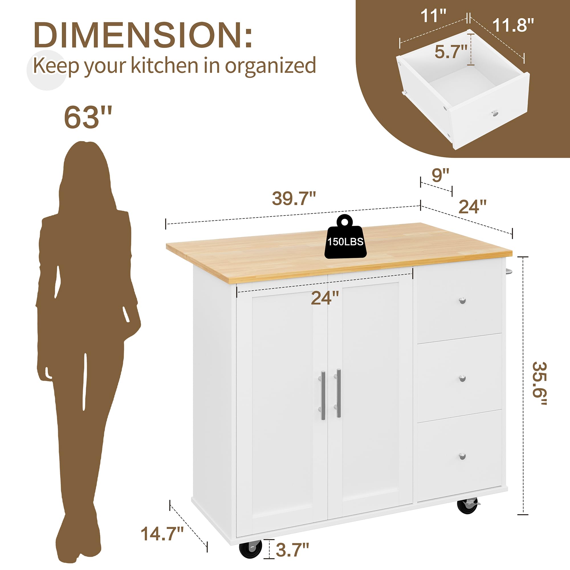 SUNLEI 39.7-Inch White Kitchen Island Cart on Wheels with Storage Cabinet & Foldable Drop Leaf - Portable Rolling Kitchen Table with Towel Handle - Perfect for Small Kitchens, Apartments & Dining Room Prep