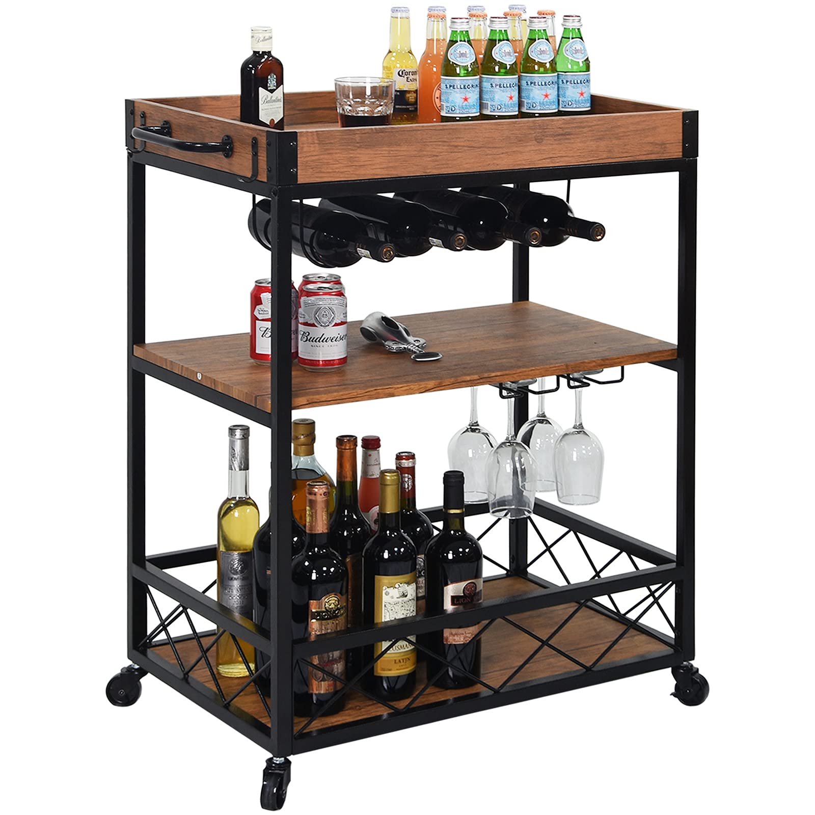 Usinso 3-Tier Industrial Kitchen Serving Cart with Lockable Casters & Wine Glass Holder - Rolling Bar Cart for Home, Office, or Commercial Use - Perfect for Entertaining, Storage & Beverage Service