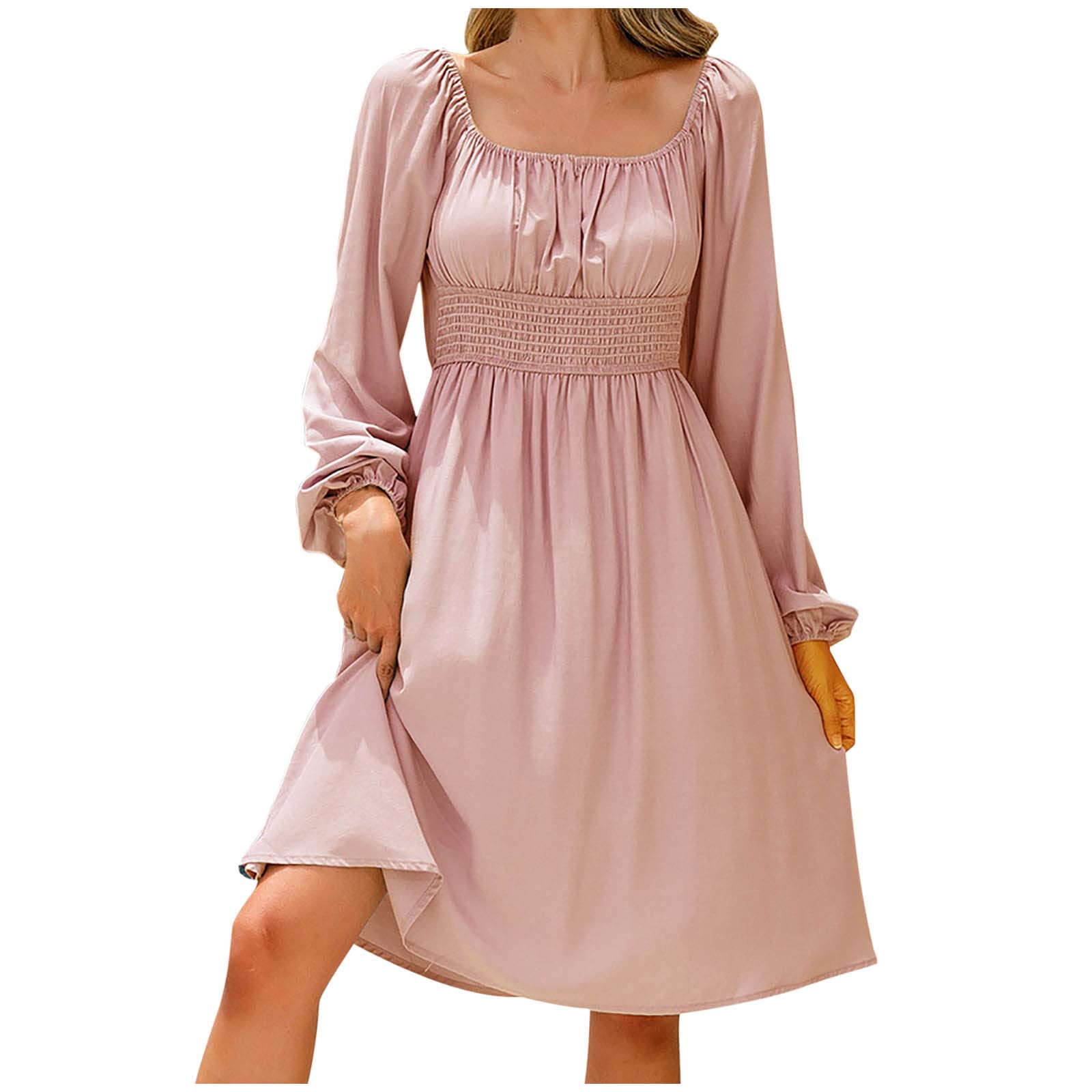 Women's Solid Color Casual Mini Dress - Long Lantern Sleeves, Square Neck, Ruffle Elastic Waist A-Line Design | Perfect for Beach Outings, Summer Vacations & Date Nights
