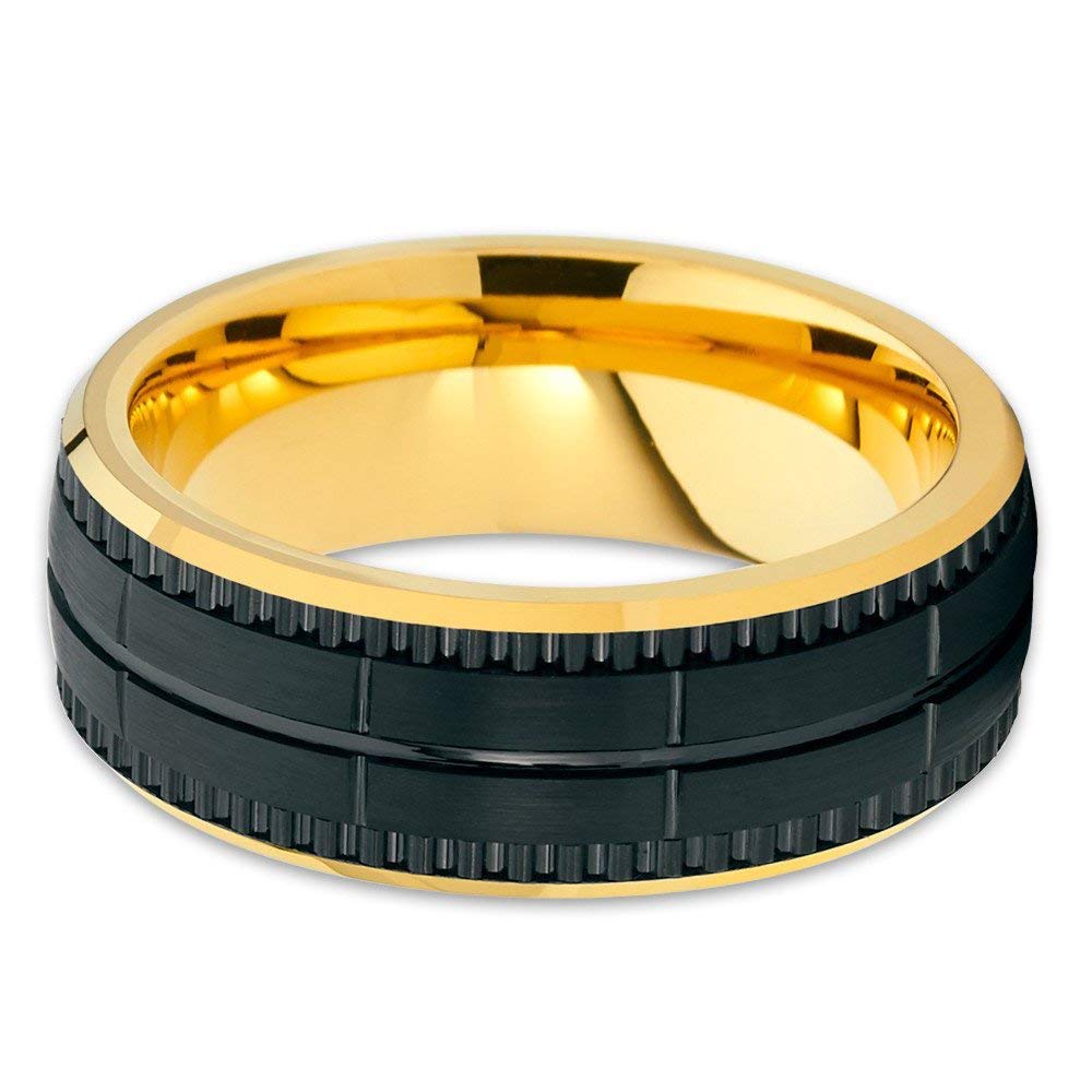 18K Yellow Gold Plated Tungsten Carbide Wedding Ring for Men - Comfort Fit Black & Yellow Wedding Band, Anniversary & Engagement Ring - Perfect for Everyday Wear, Gifts & Special Occasions