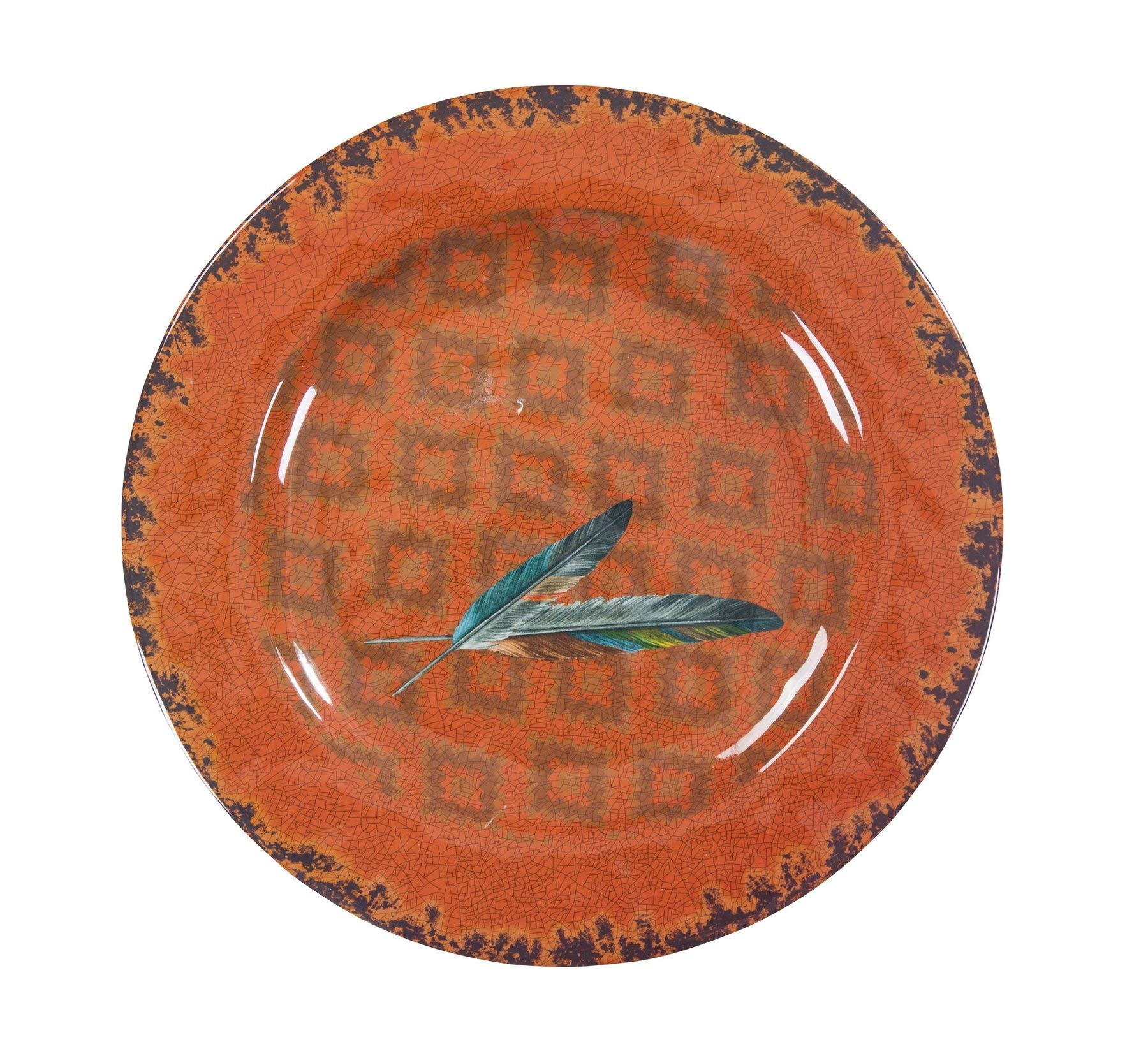HiEnd Accents 14-Piece Melamine Dinnerware Set - Western Style Feather Print in Orange, Tan, Brown & Teal - Durable Plastic Plates, Bowls & Serving Dish - Southwestern Aztec Tribal Design for Rustic Dining | Perfect for Outdoor Picnics, BBQ Parties & Southwestern-Themed Decor