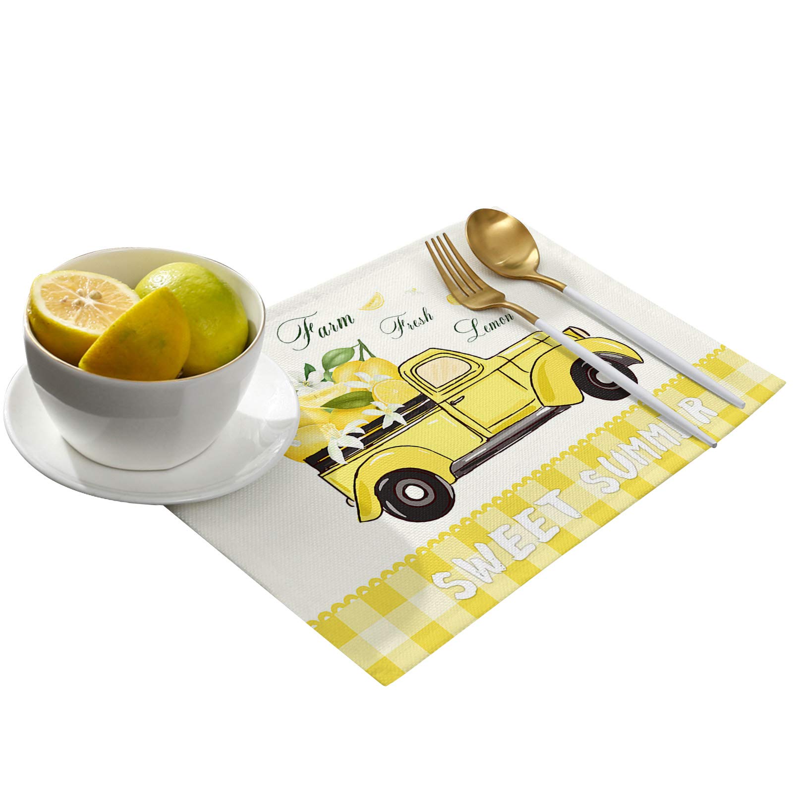 Round Non-Slip Heat Resistant Placemats Set of 4 - Tropical Lemon Truck Plaid Design, Washable Kitchen Table Mats for Dining Room, Summer Yellow Lattice Pattern - Perfect for Family Meals, Indoor Picnics & Home Decor (Kids/Women/Men)