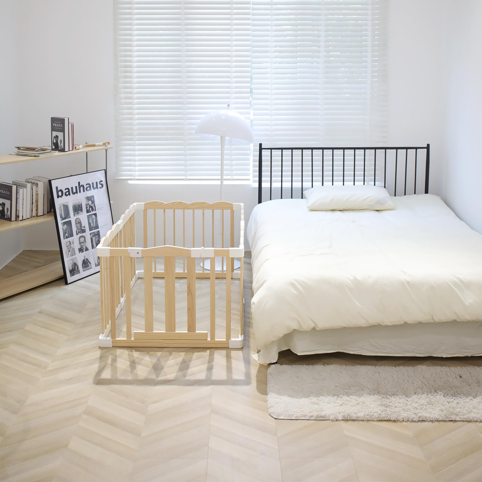 Wooden Baby Playpen for Babies & Toddlers - Large Adjustable Playard with Locking Gate, Easy to Assemble & Portable (62x70x24 Inch) - Safe Play Area for Nursery, Living Room & Outdoor Use