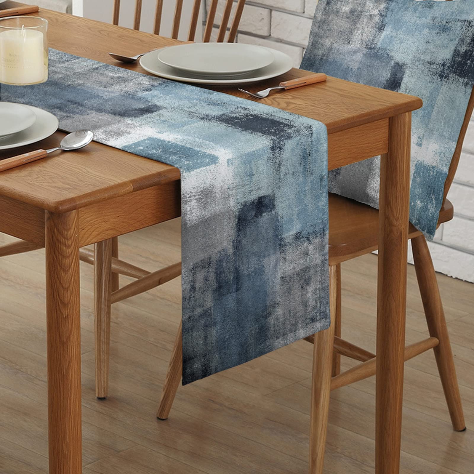 Dusty Blue Table Runner 13x120 Inch - Farmhouse Abstract Art Decor for Thanksgiving Dinner