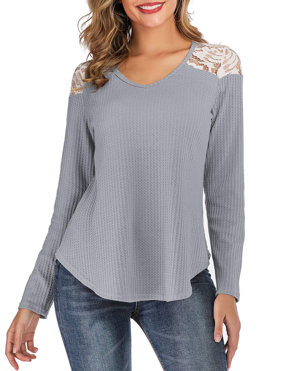 Lancifolium Women's Waffle Knit V-Neck Long Sleeve Tunic Sweater - Loose Fit Lace Shoulder Top for Casual Wear, Office & Fall Outfits
