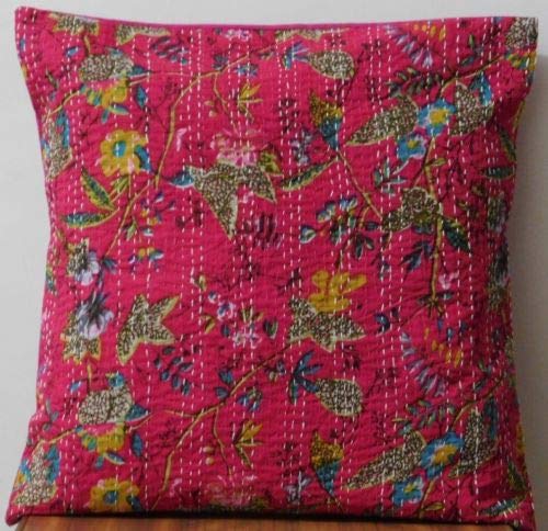 Handmade Indian Boho Chic Kantha Pillow Cover - Decorative Bohemian Hippie Gypsy Throw Pillow Case for Sofa, Couch & Bed - Perfect for Boho Home Decor, Living Room Accent & Cozy Bedroom Styling