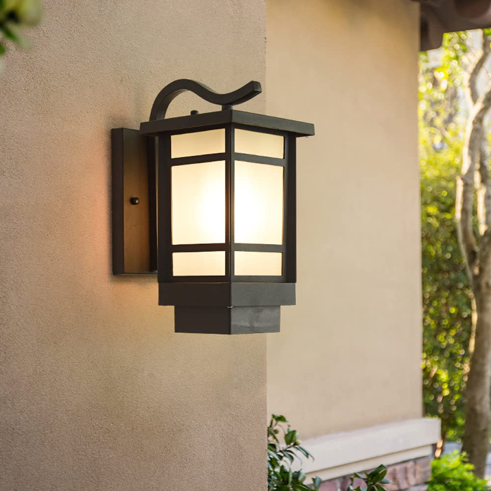 Matte Black Outdoor Wall Lantern with Square Frosted Glass Shade - Waterproof Exterior Porch Light Fixture - Aluminum Wall Mount Lamp for Garage, Doorway, Patio & Garden Lighting