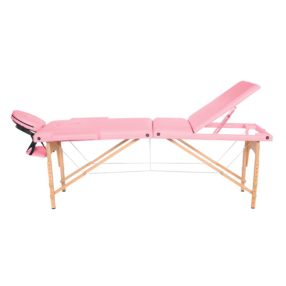 Professional Portable Folding Massage Table - 3 Height Adjustable Wood Leg PU Leather Massage Bed with Ergonomic Headrest & Face Hole - Perfect for Spa, Home Use, and Professional Therapists (Pink)