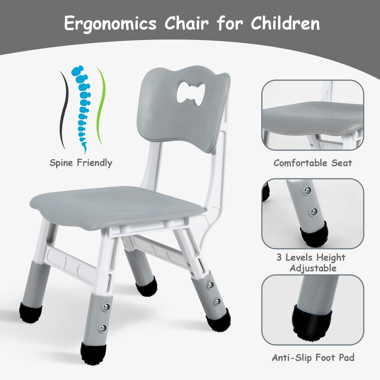 Arlopu Adjustable Height Kids Table and 4 Chair Set - Non-Slip Toddler Activity Table with Graffiti-Proof Desktop - Perfect for Reading, Arts & Crafts, Daycare, Classroom and Home Use (Grey)