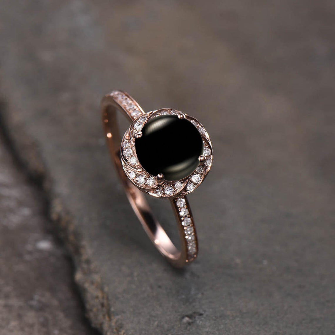 Natural Black Onyx Diamond Halo Wedding Ring for Women - Elegant Bridal Jewelry for Engagement, Anniversary & Special Occasions