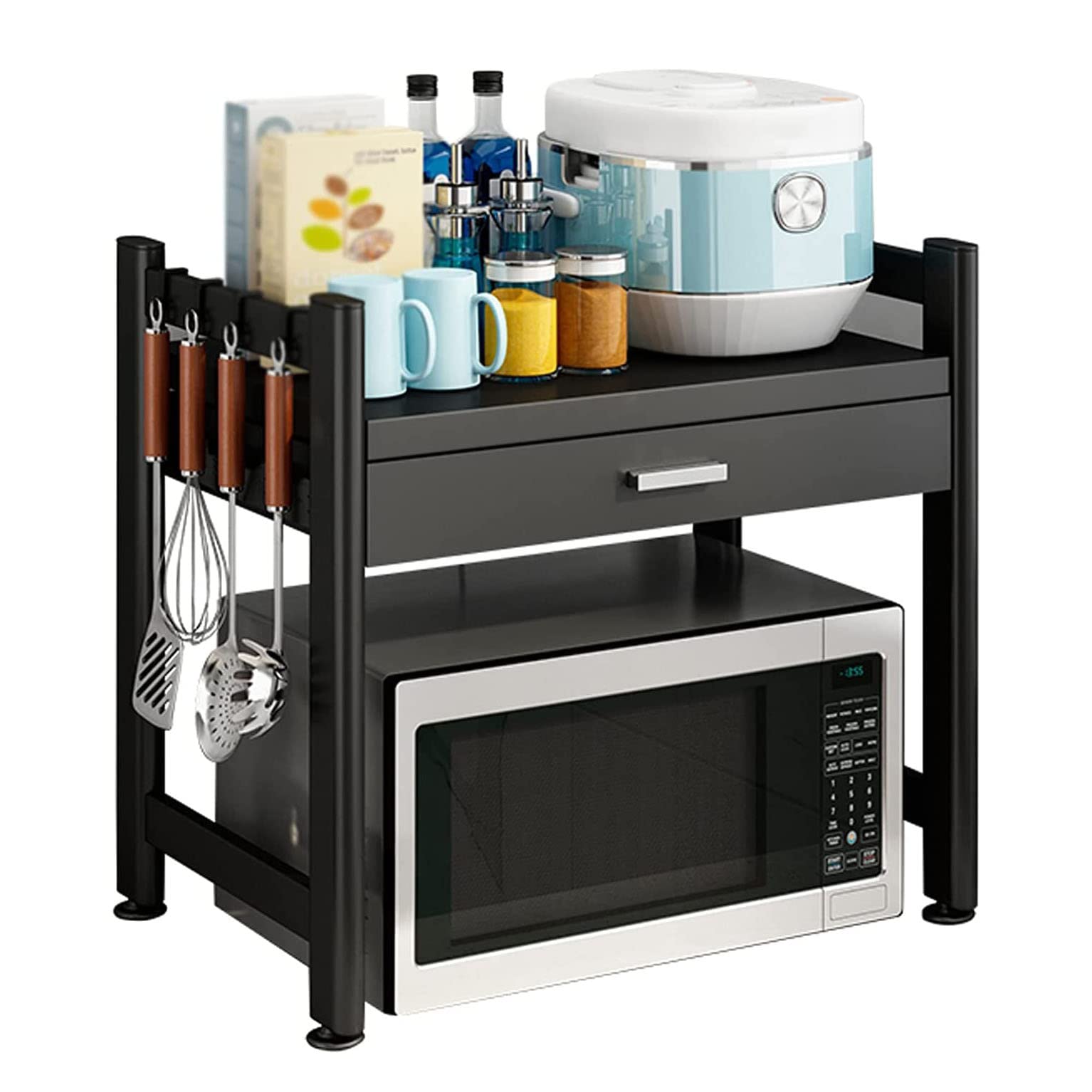 Metal Microwave Oven Rack with Drawer - Kitchen Countertop Organizer Shelf for Spices, Utensils & Cookware - Space-Saving Storage Solution for Microwave, Oven & Countertops - Perfect for Small Kitchens & Apartment Living