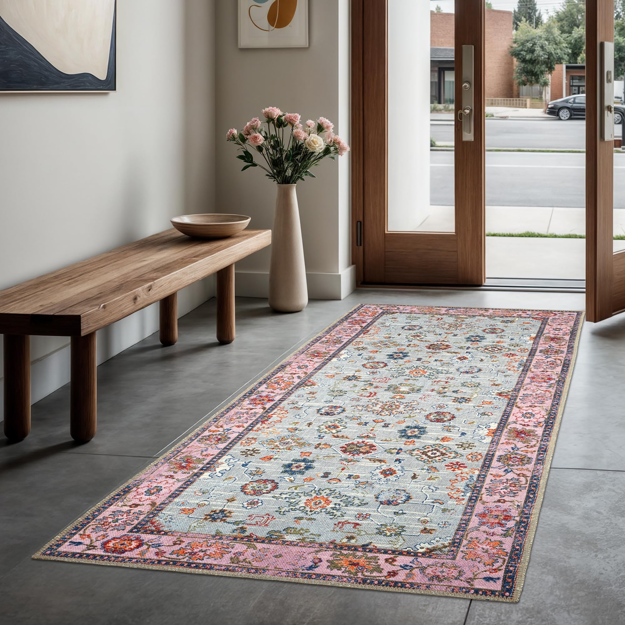 GLN Rugs Traditional Collection - Machine Washable Non-Slip Low Pile Chenille Area Rug 2'6