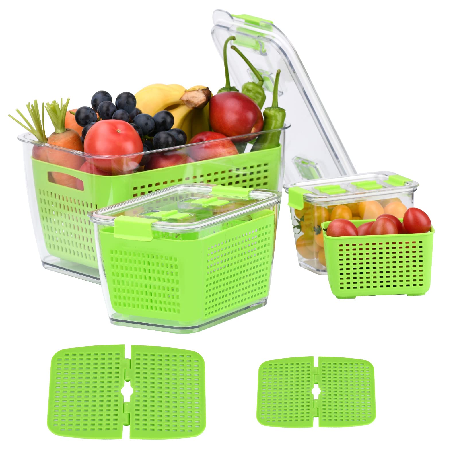 Yustuf 3-Pack BPA-Free Vegetable and Fruit Storage Containers with Lids & Air Vents - Fridge Organizer for Fresh Produce, Lettuce Keeper, Kitchen Organization (Green) - Perfect for Extending Shelf Life of Berries, Herbs & Salad Greens