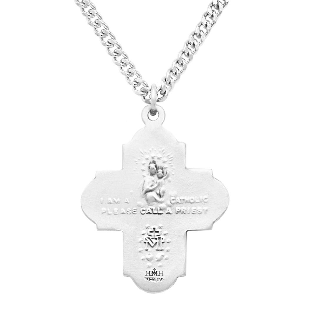 Rosemarie's Sterling Silver Traditional Catholic Four Way Cross Medal Pendant Necklace - 24 Inch Chain - Religious Gift for Baptism, First Communion & Confirmation - Perfect for Daily Wear & Special Occasions