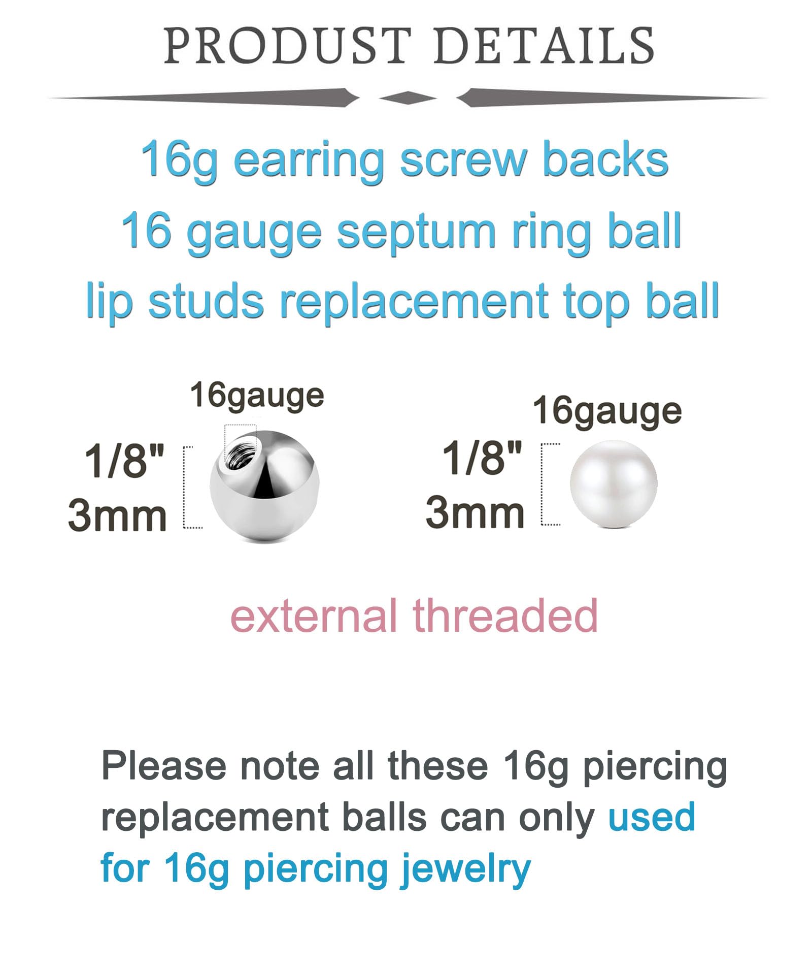 Stainless Steel Replacement Balls for Lip Studs & Labret Earrings - 16G 14G Externally Threaded Piercing Jewelry (3mm-8mm) - Perfect for Septum Rings, Nose Studs & Body Piercing Jewelry Replacement