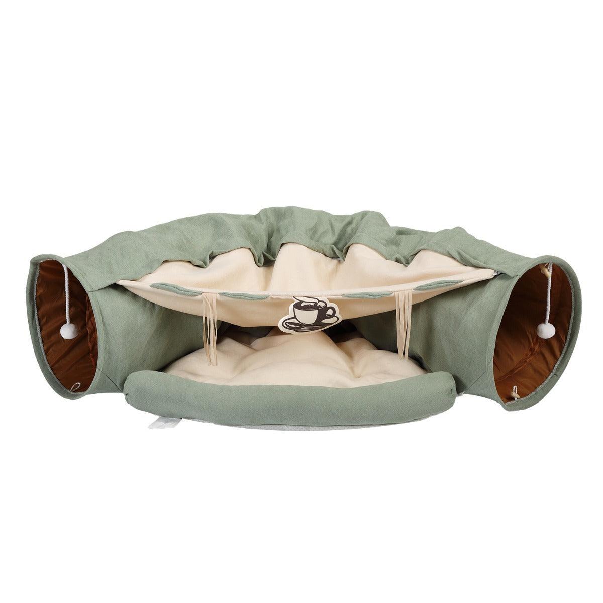 Expandable Cat Tunnel with Cushioned Pet Bed & Teaser Balls - Interactive Play & Nap Space for Indoor Cats - Bright Green Zippered Feline Toy & Resting Zone