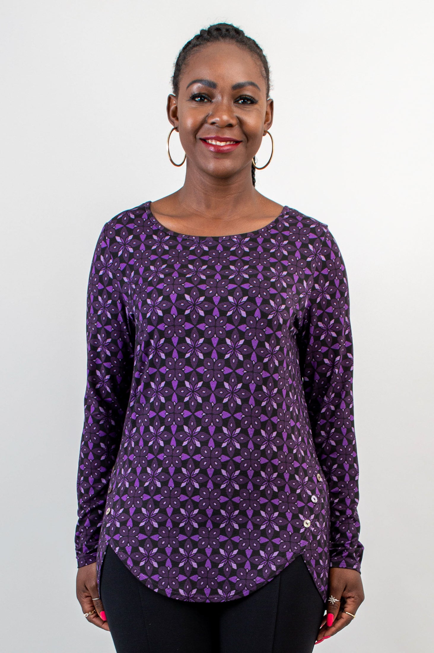 Bethany Top - Geo Flower Print Bamboo Blouse | Women's Fashion | Perfect for Casual Wear & Summer Outfits