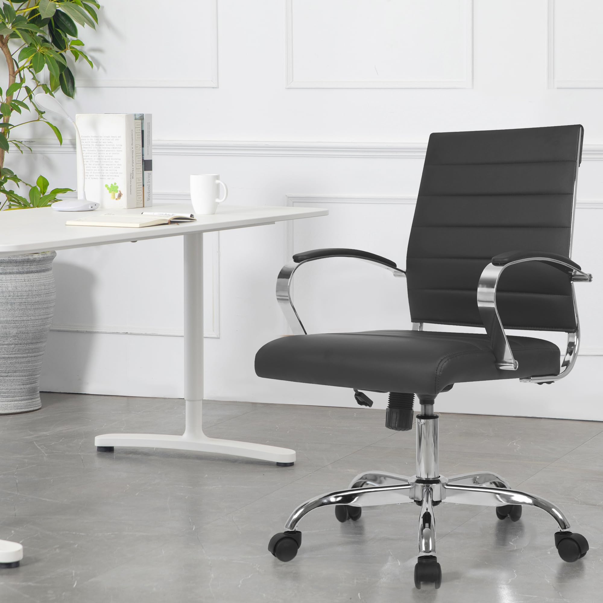 LANDSUN Mid Back Office Chair - PU Leather Executive Desk Chair with Wheels, Armrests & Adjustable Height - Ergonomic Swivel Computer Chair for Home Office, Conference & Task - Soft Padded Ribbed Design (Black) - Perfect for Long Work Hours & Professional Workspaces