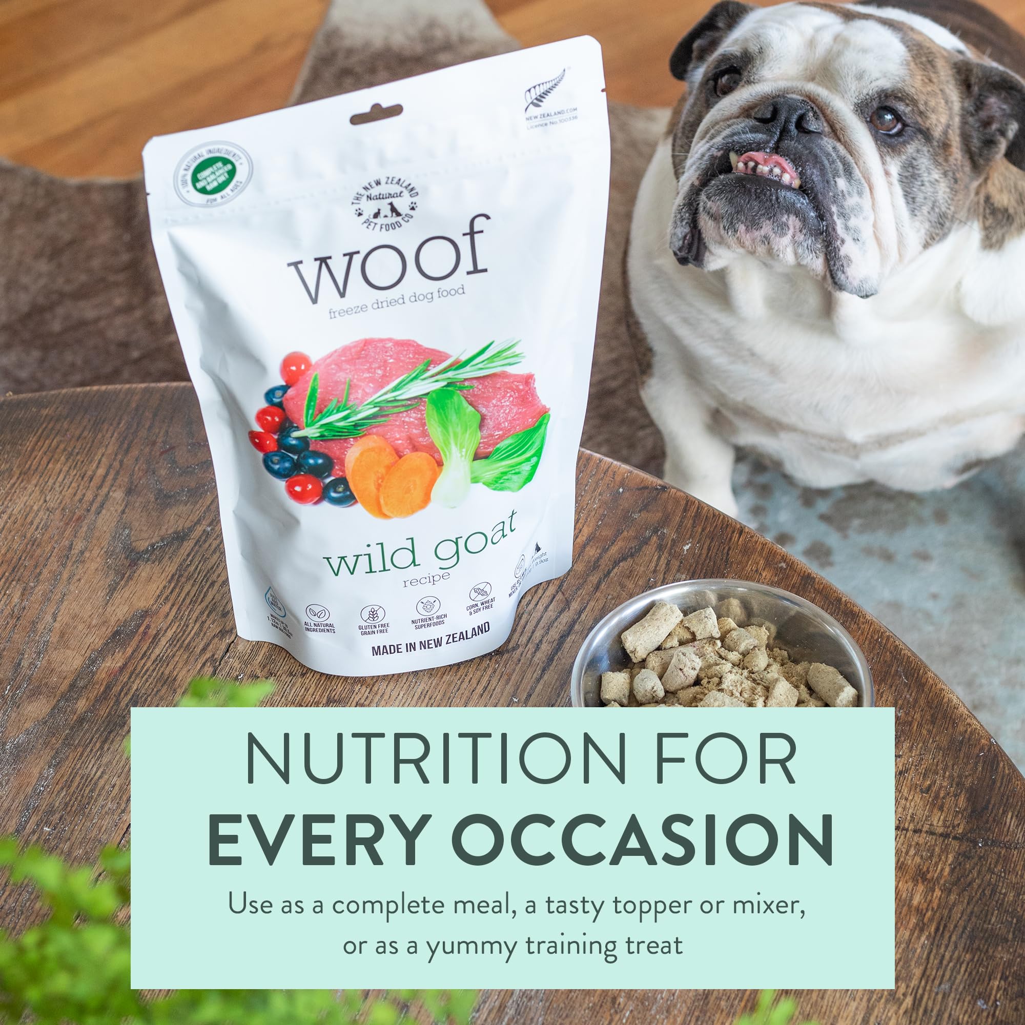 WOOF Wild Goat Freeze Dried Raw Dog Food - High Protein Natural Limited Ingredient Recipe (9.9oz) | Perfect as Dog Food Mixer, Topper or Healthy Treat for Active Dogs