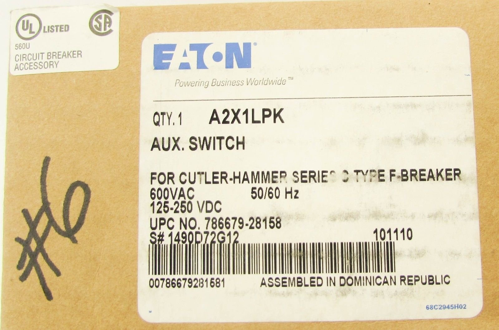 Cutler Hammer A2X1LPKN New Auxiliary Switch Series C Type F Circuit Breaker - Perfect for Industrial Electrical Panels and Power Distribution Systems