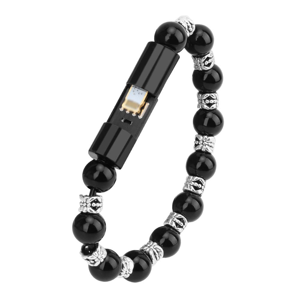 Wireless Charging Bracelet - USB Cable Charger Cord with Fashion Prayer Beads - Black Wristband for Smartphones & Smartwatches - Perfect for Travel, Workout & Daily Use