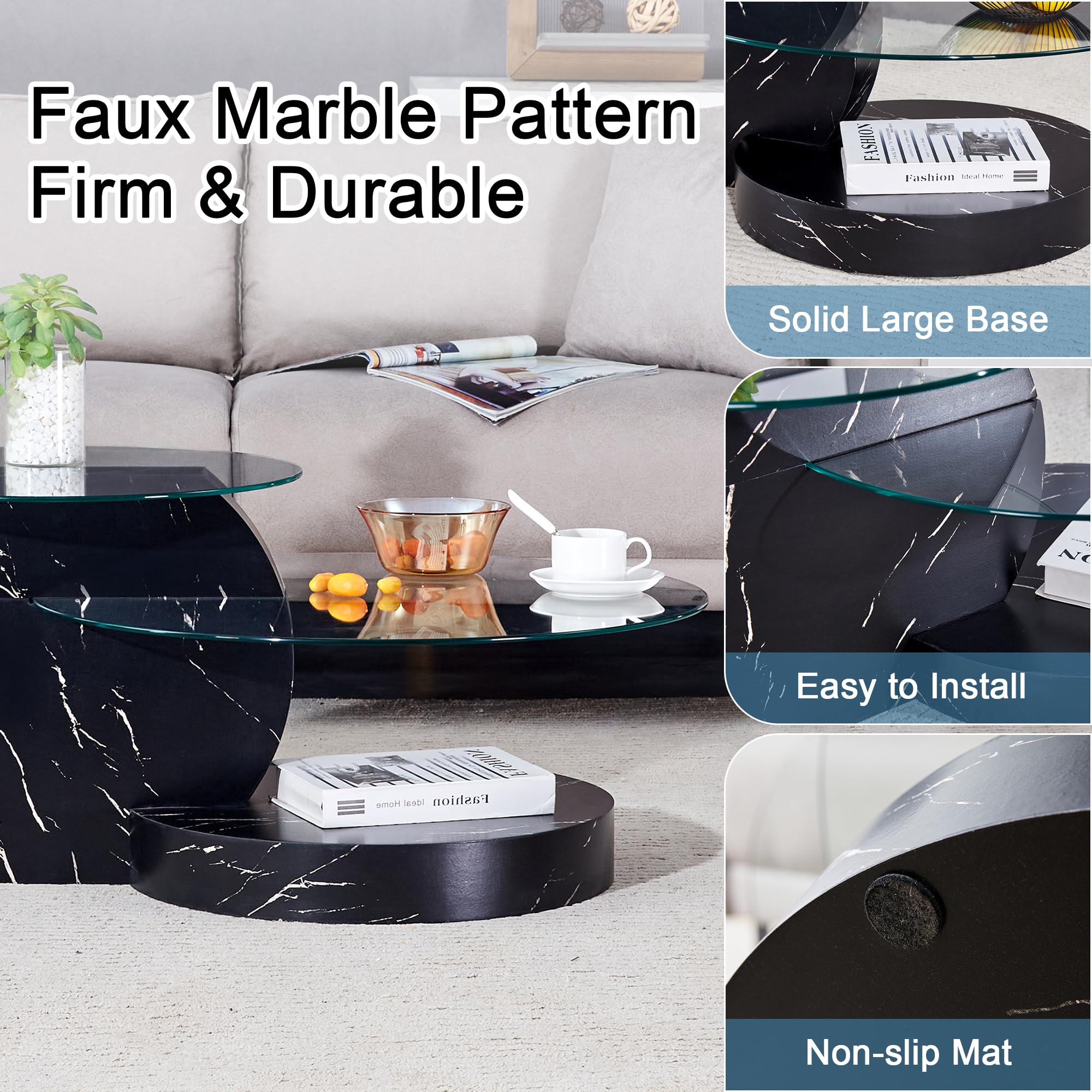 Modern Round Glass Coffee Table - 35.4 Inch Double Layer Black Circle Table for Living Room, Small Space & Home Office | Perfect for Entertaining Guests & Relaxing with Coffee