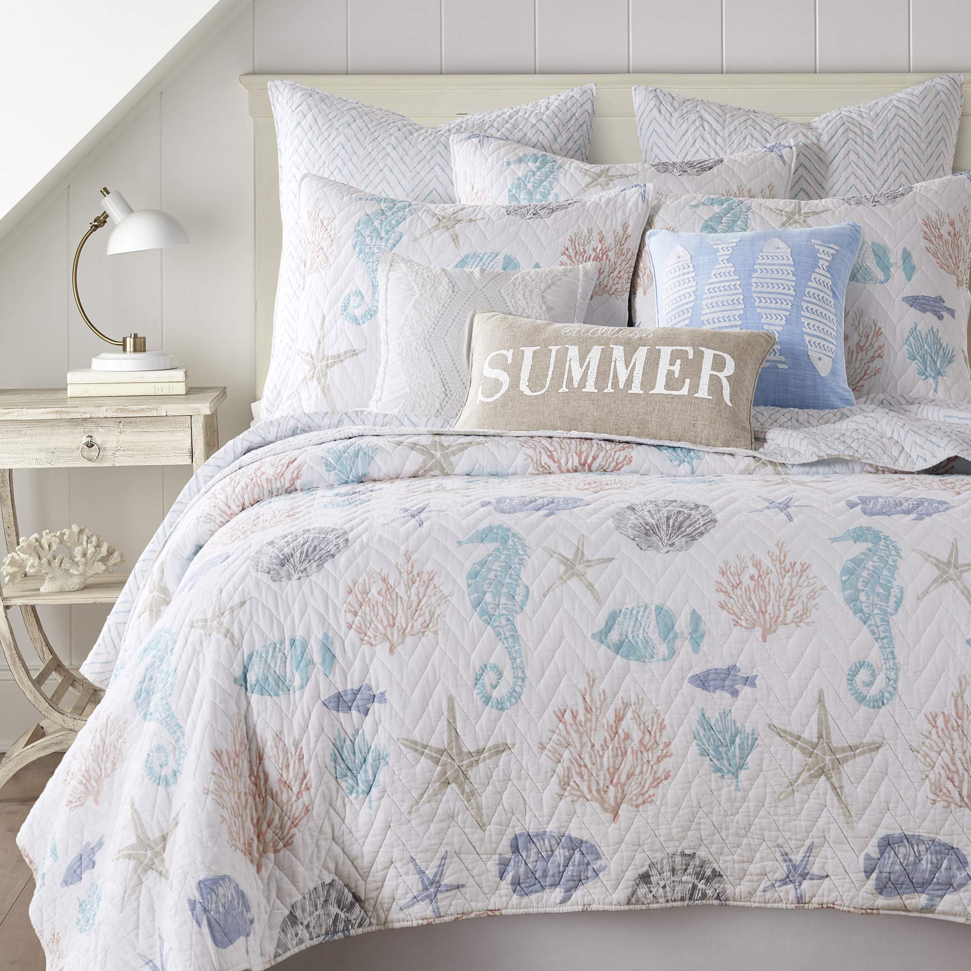 Levtex Home Blue Sea Reversible King/Cal King Quilt Set (106x92in) with 2 Pillow Shams - Coastal Coral Teal Blue Grey White Cotton Bedding - Perfect for Beach House, Guest Room & Coastal Decor
