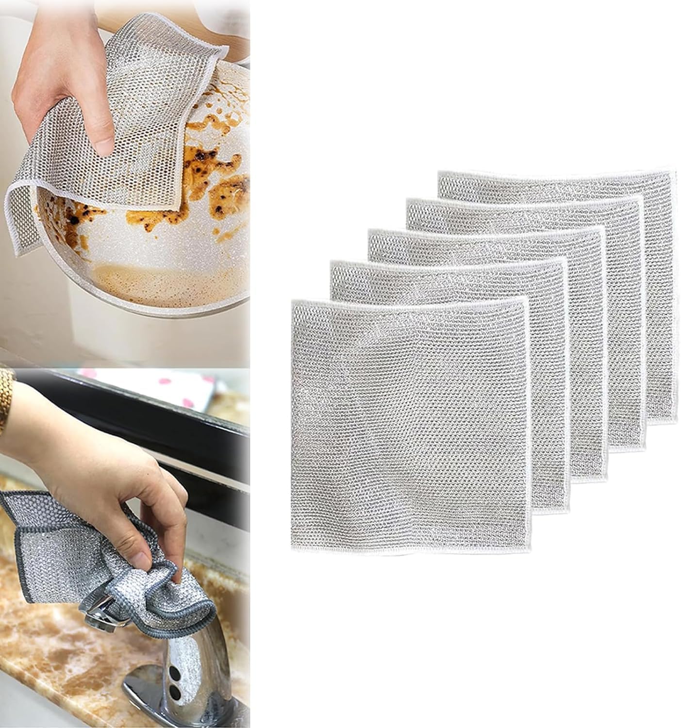 Multifunctional Non-Scratch Wire Dish Cloth - Reusable Steel Wool Scrubber for Pots, Pans & Kitchen Cleaning | Easy Rinse Dishwashing Towel for Wet/Dry Use | Perfect for Sinks, Cookware & Tough Stains (5-Pack)