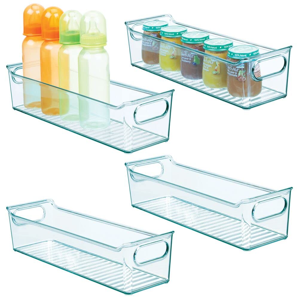 mDesign Slim Plastic Nursery Storage Bins with Handles - 4 Pack Blue Organizer for Baby Food, Bibs, Formula & Burp Cloths - Perfect for Pantry, Cabinet, Closet & Shelves Organization - Ideal for Nursery, Daycare & Home Storage Solutions