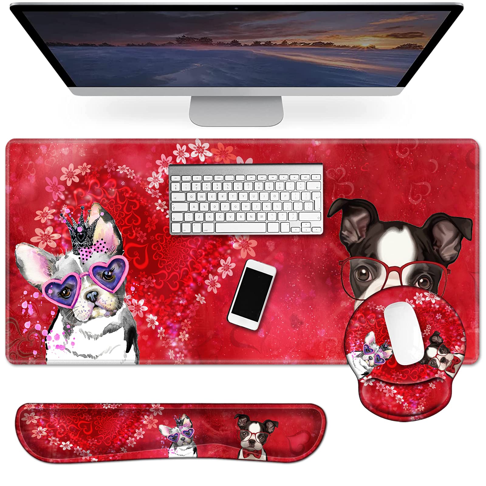 3 in 1 Full Desk Mouse Pad and Keyboard Wrist Rest Set - Extended Gaming Mouse Mat with Soft Memory Foam Wrist Support, Ergonomic Keyboard Pad for Office & Home (Bulldogs Pink Heart Glasses Design) - Perfect for Gamers, Programmers & Office Workers