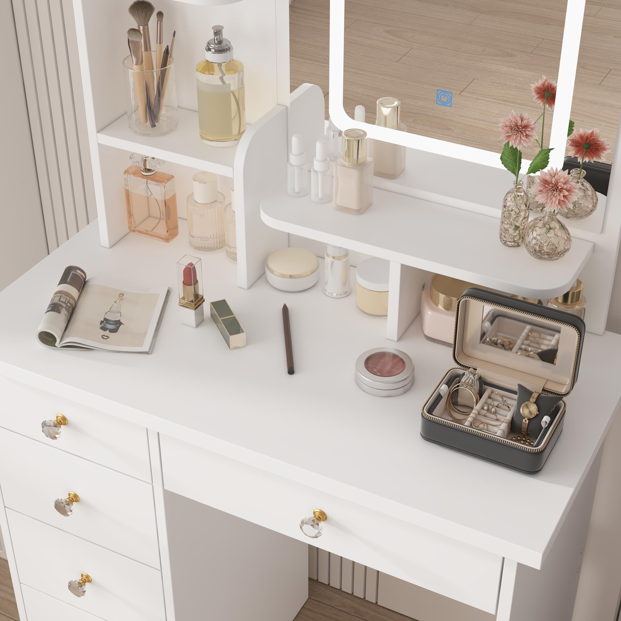 AIEGLE LED Lighted Vanity Desk Set with Rectangular Mirror - 3 Color Adjustable Makeup Dressing Table with Open Shelves & Cushioned Stool (White) | Perfect for Bedroom, Dorm Room & Beauty Salon