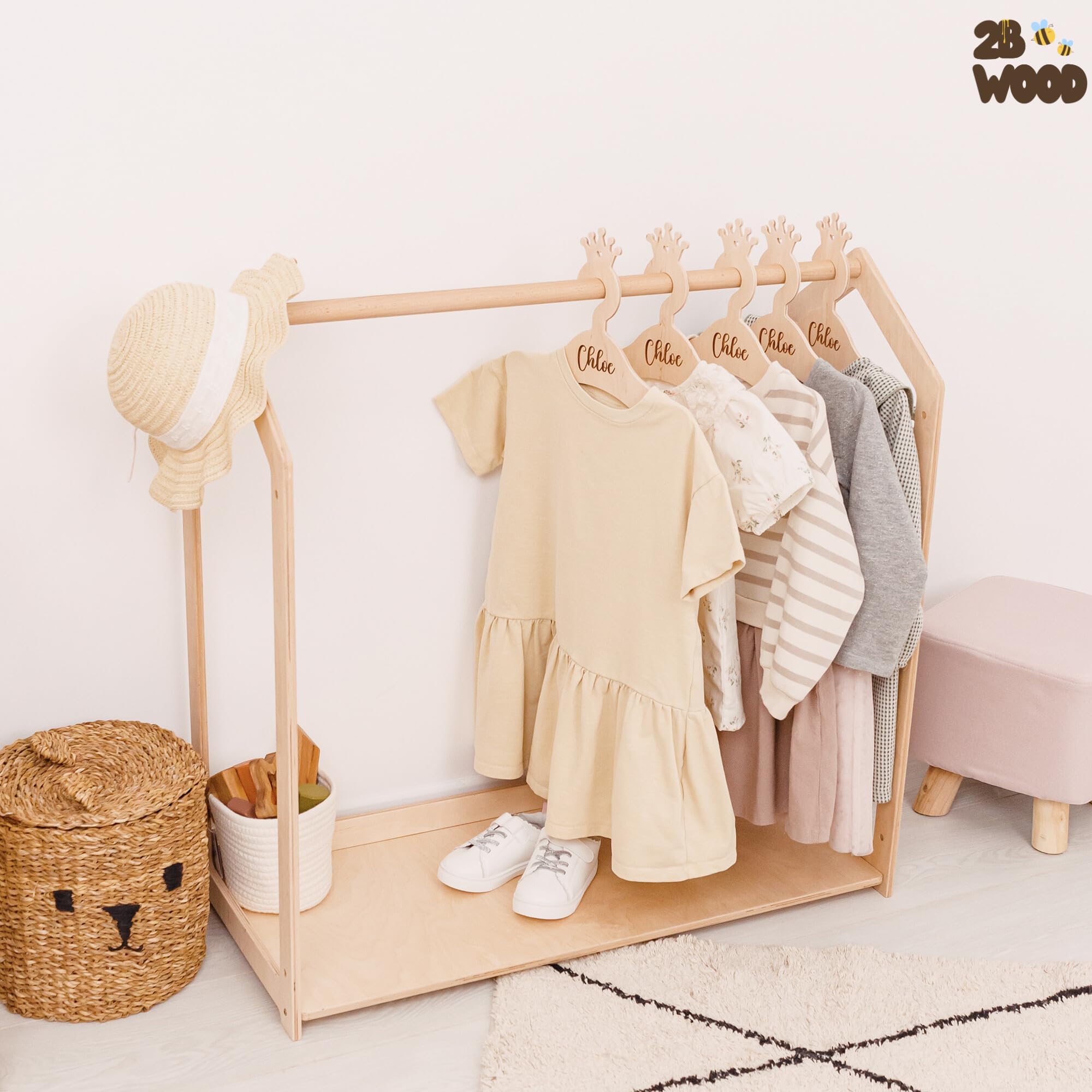 Personalized Kids Clothes Rack - Adjustable Toddler Wardrobe Organizer for Boys & Girls | Montessori Closet Shelf for Baby Clothes Storage | Perfect for Bedroom, Nursery & Playroom Organization