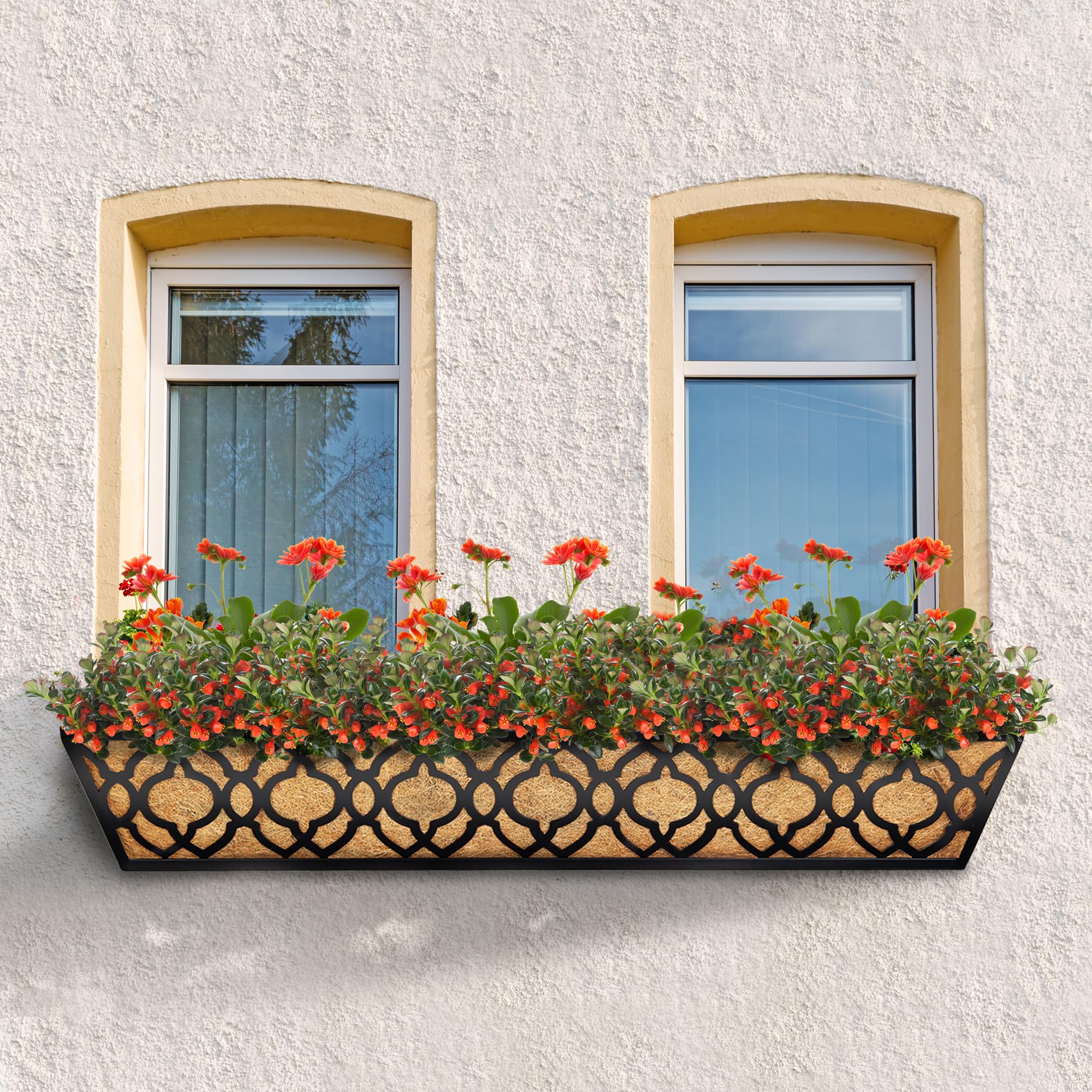 4 Pack 30 Inch Window Box Planter with Coconut Coir Liner - Metal Hanging Flower Basket for Deck, Railing, Indoor & Outdoor Use - Perfect for Flowers, Herbs, and Decorative Plants