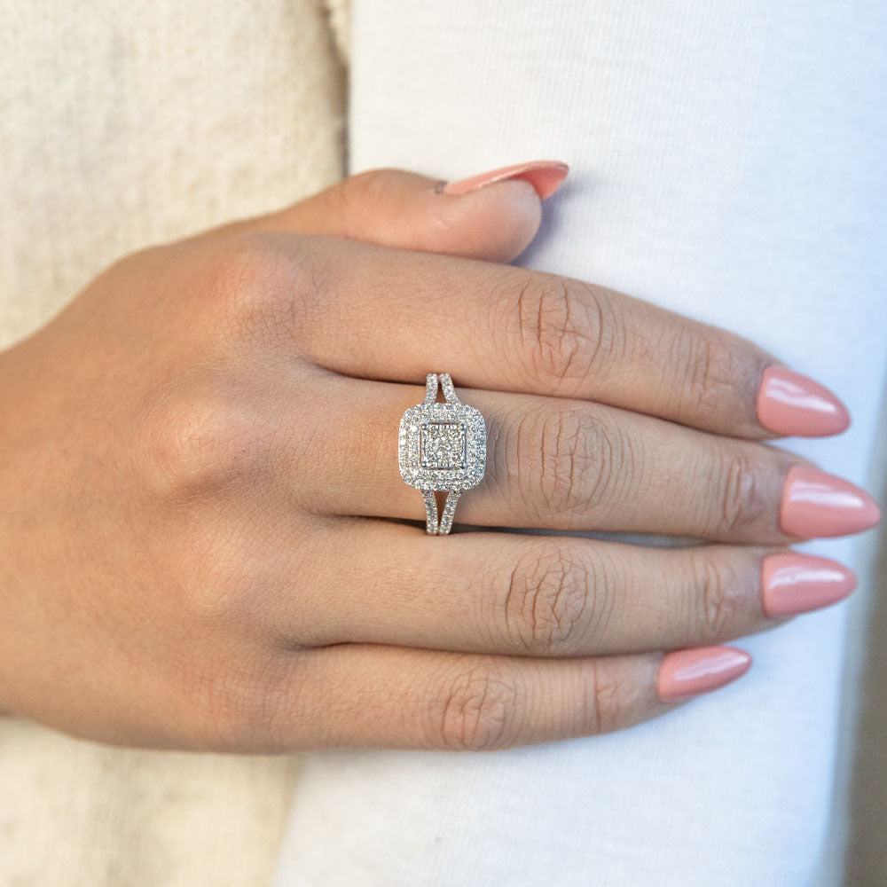 9ct White Gold 1 Carat Diamond Ring with 91 Brilliant Cut Diamonds - Elegant Engagement, Wedding & Anniversary Jewelry Gift for Women