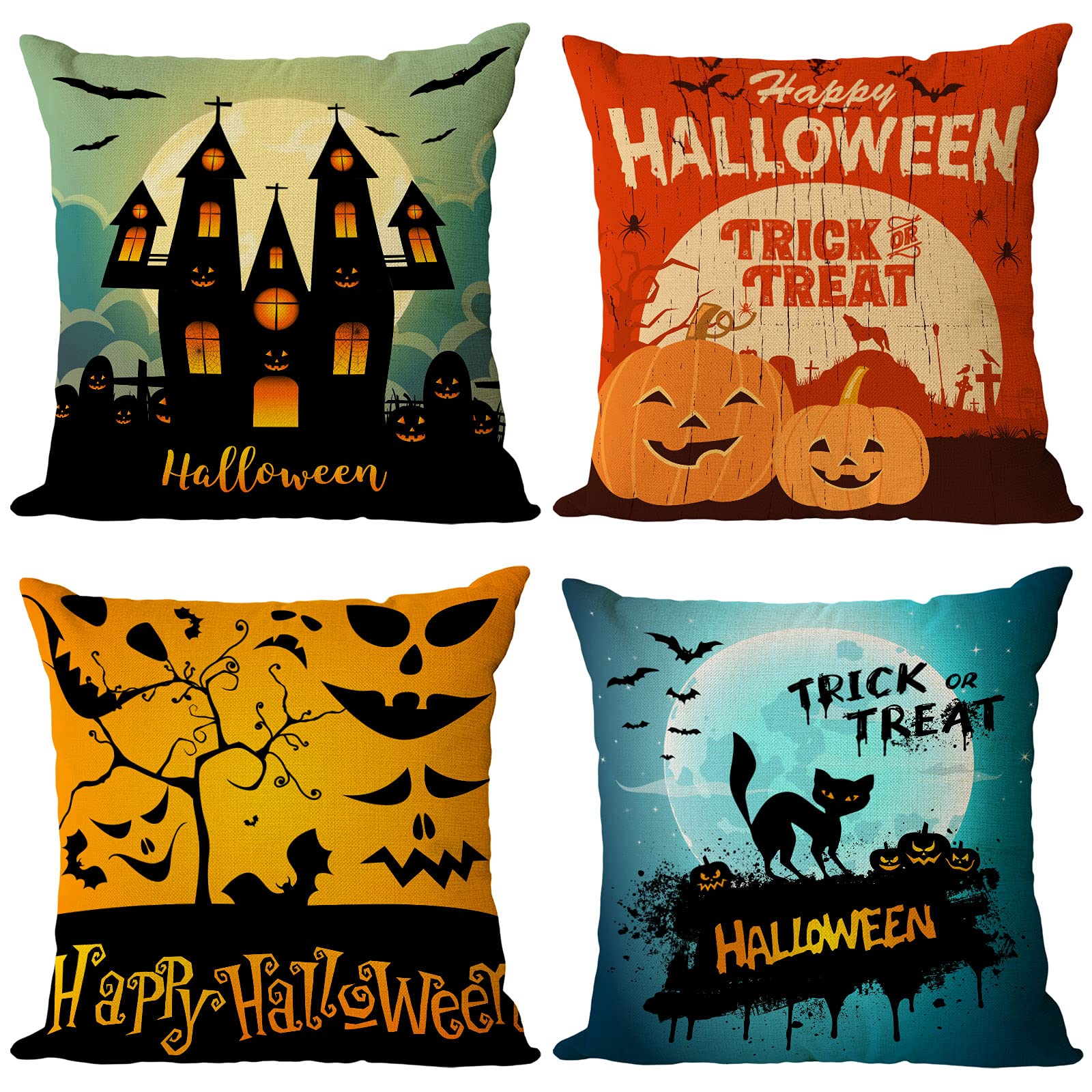 YeeJu 4-Pack Halloween Pillow Covers 20x20 Inch - Spooky Pumpkin Trick or Treat Throw Pillow Cases for Couch, Sofa & Bed - Linen Square Decorative Cushion Covers for Home & Outdoor Halloween Decor