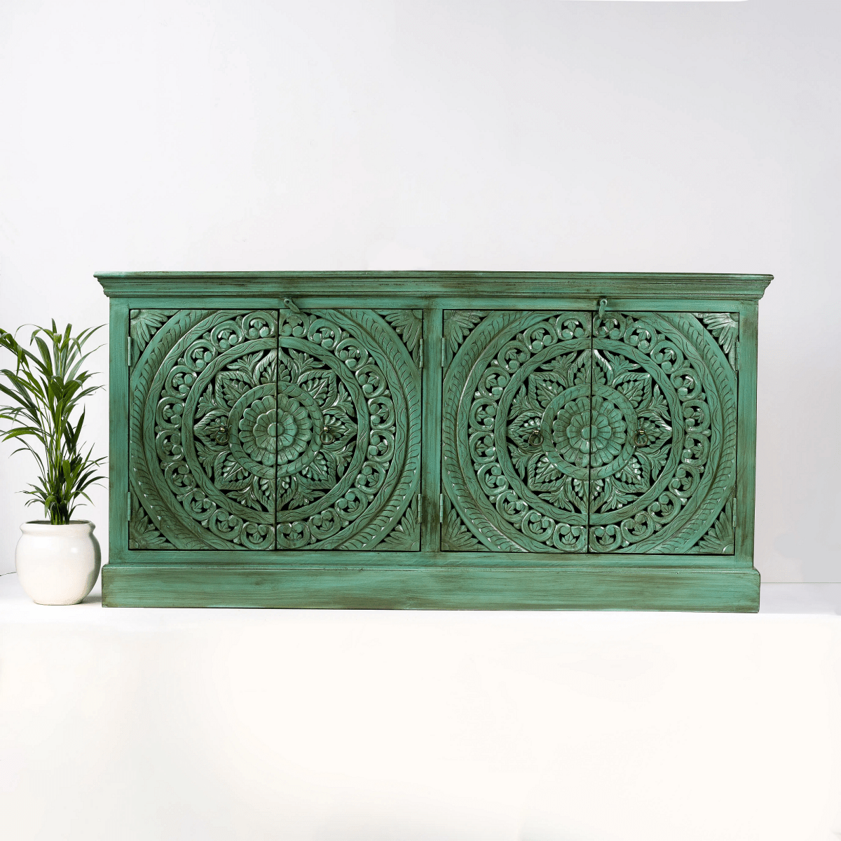 Exquisite Hand-Carved Dark Green Indian Sideboard Buffet Table with 4 Doors - Perfect for Dining Room Storage, Vintage Home Decor & Entertaining Guests