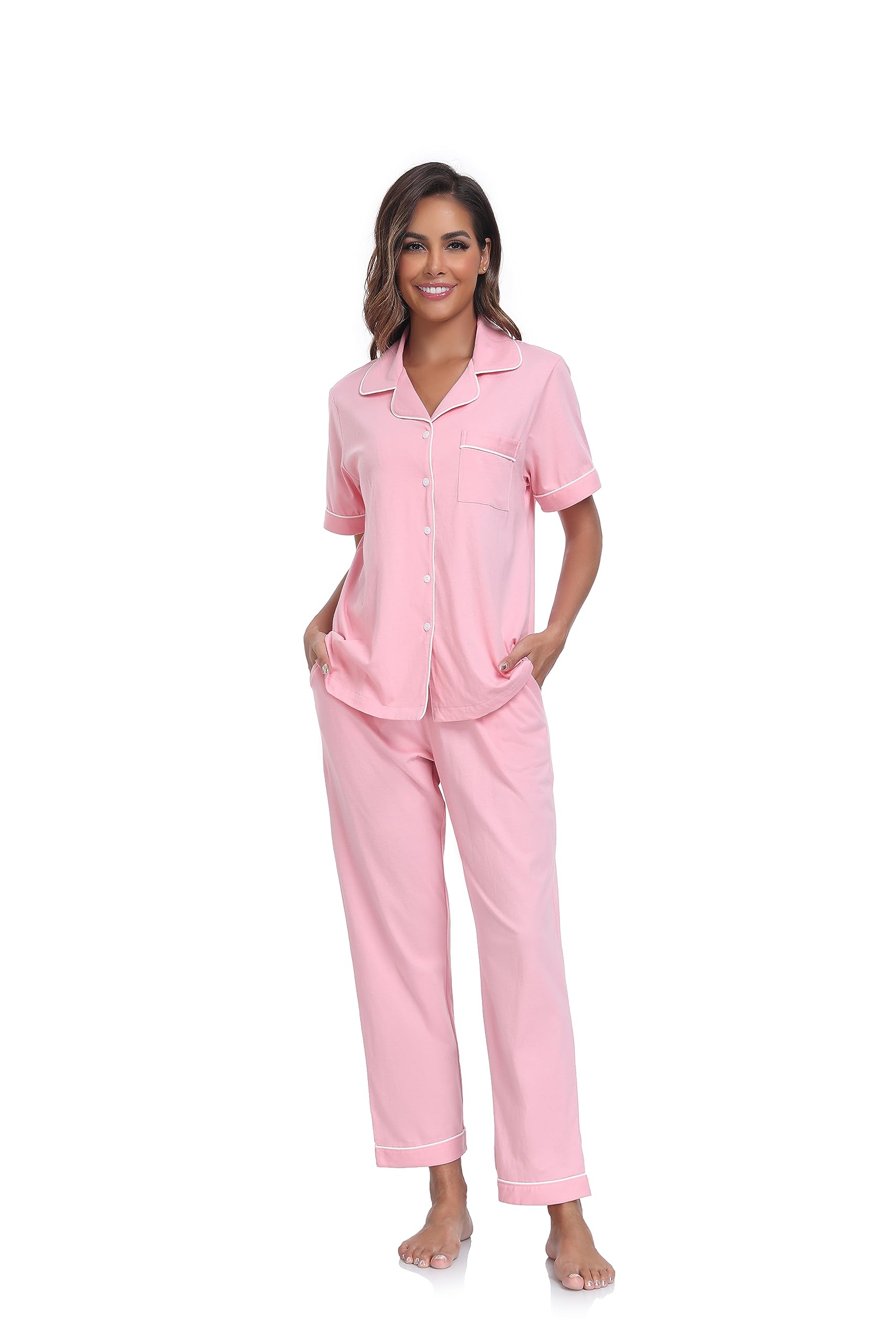 COLORFULLEAF Women's 100% Cotton Pajama Set - Button Down Short Sleeve Sleep Shirt & Lounge Pants - Soft Breathable Ladies Nightwear for Home, Travel & Relaxation