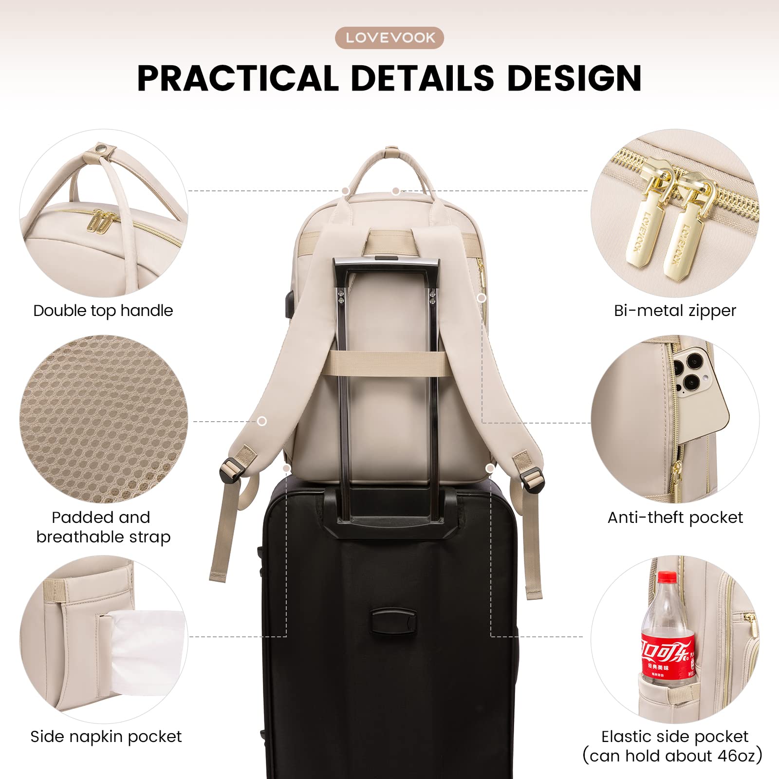 LOVEVOOK Women's 15.6 Inch Laptop Backpack with USB Charging Port - Lightweight Waterproof College Backpack for Work, Travel & University - Stylish Commuter Bag for Women (Beige) | Perfect for Business Trips, Daily Commute & School Use