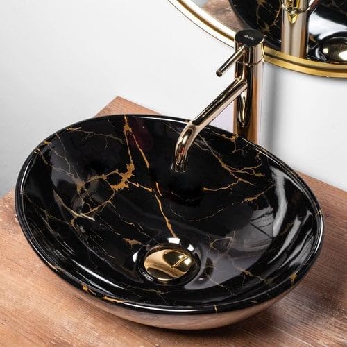 REMOTION Oval Ceramic Bathroom Sink - Glossy Black Gold Countertop Wash Basin for Vanity, Powder Room & Guest Bath | Modern Oval Shape Vessel Sink for Bathroom Decor & Home Renovation Projects