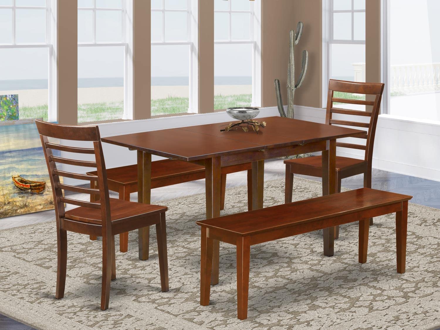 East West Furniture 5-Piece Dining Table Set for 4 - 32x54 Inch Mahogany Rectangle Kitchen Table with Butterfly Leaf, 2 Chairs & 2 Benches - Perfect for Small Spaces, Breakfast Nooks & Cozy Family Meals