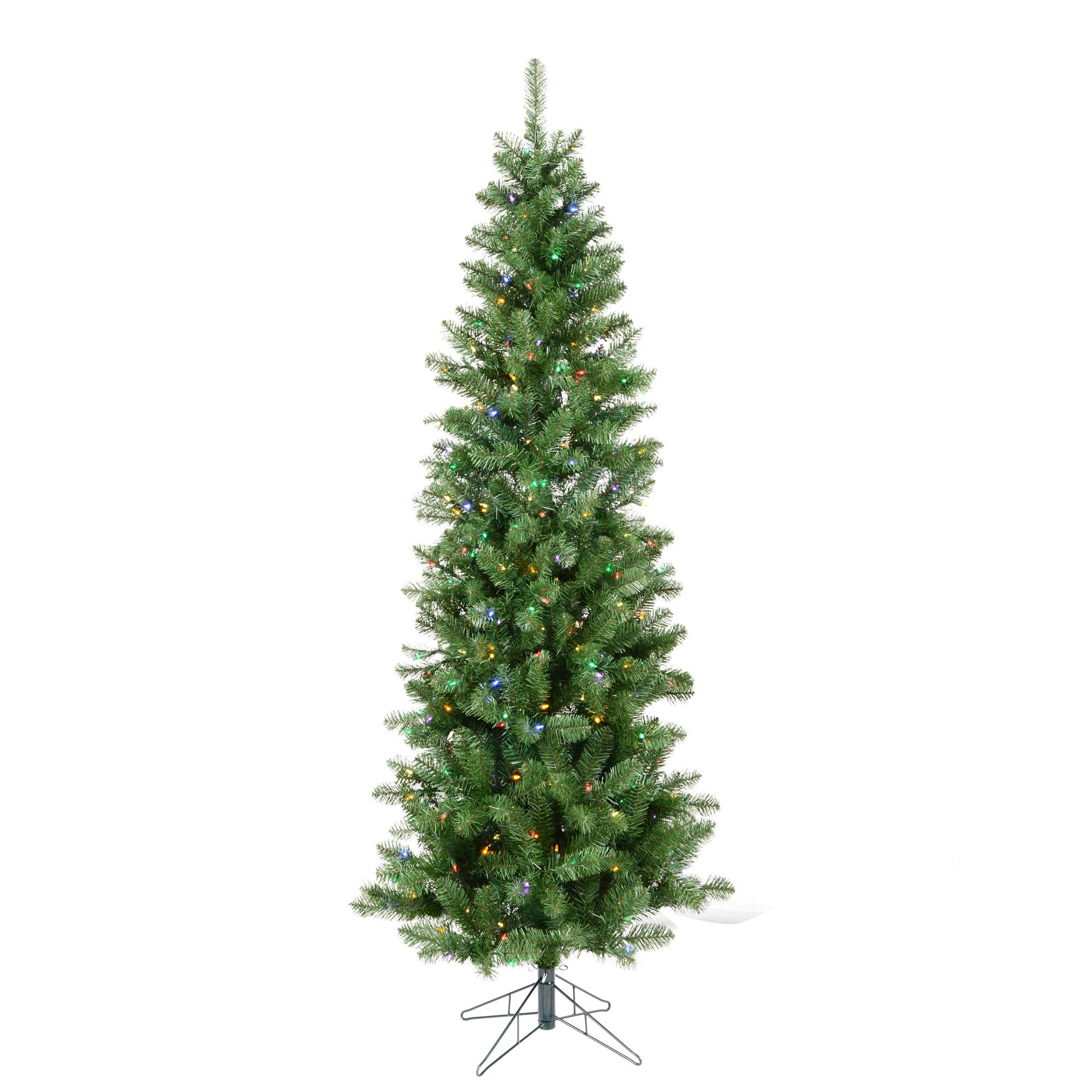 Vickerman 6.5 Foot Salem Pencil Pine Artificial Christmas Tree with Multi-Colored LED Dura-Lit Lights - Slim Fake Christmas Tree for Small Spaces - Indoor Holiday Home Decor for Living Room, Office, or Apartment - Durable & Easy Assembly