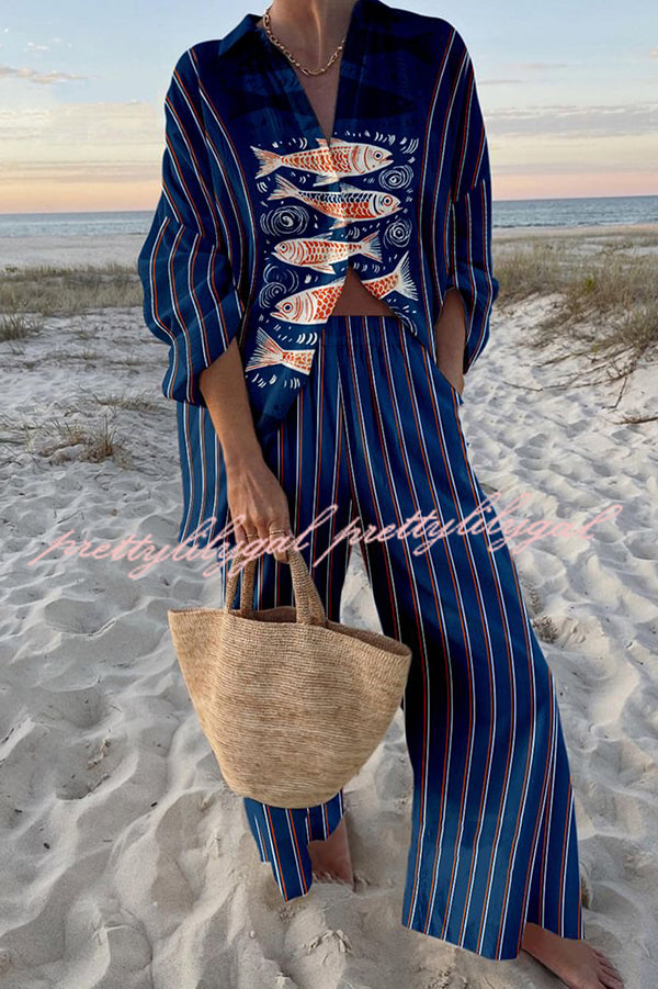 Stylish Ocean Print Oversized Shirt & Elastic Waist Pocket Pants Set - Women's Casual Loungewear for Beach Vacation & Summer Outfits
