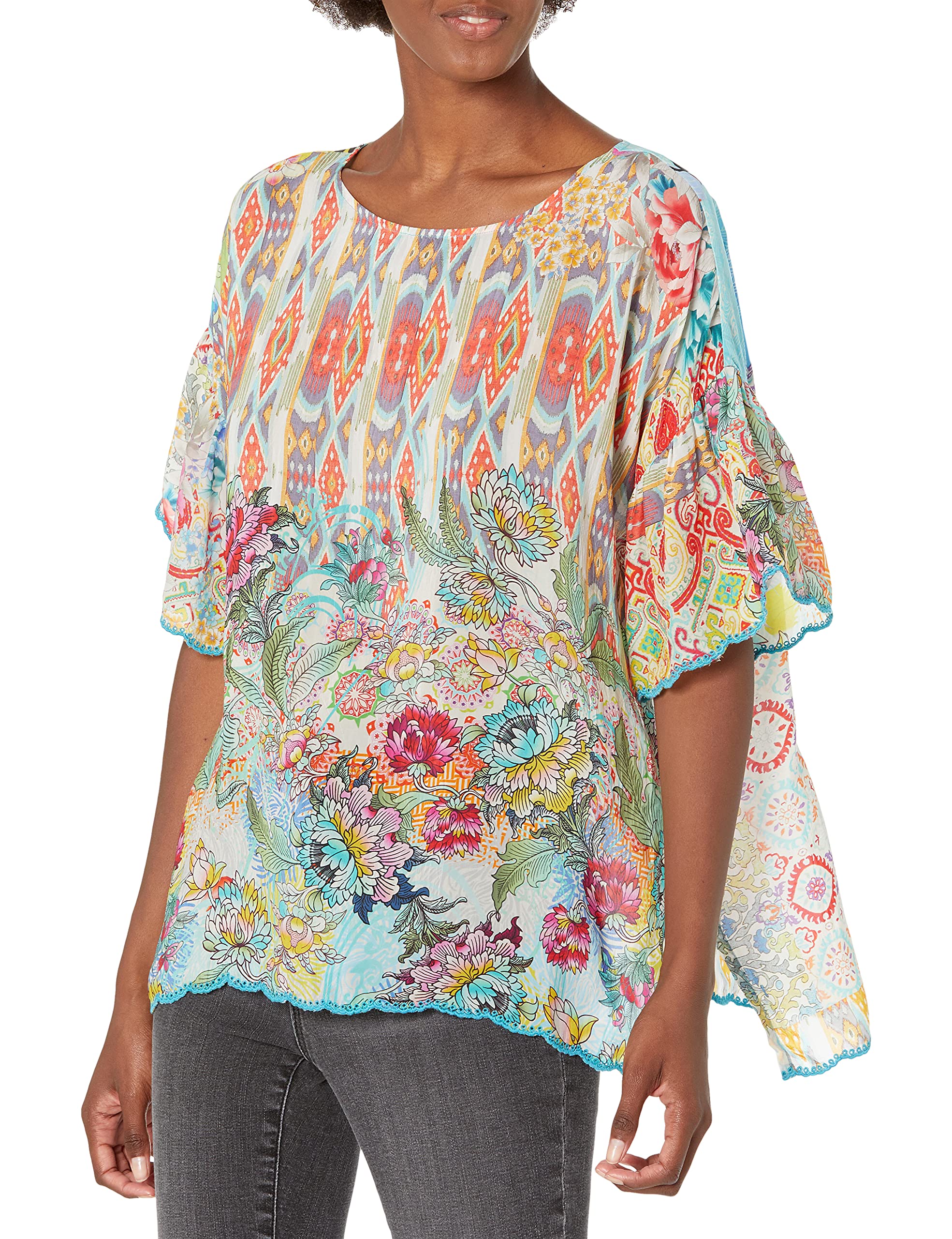 Johnny Was Women's Short Sleeve Boho Blouse - Floral Print V-Neck Tunic Top for Casual Wear, Beach & Summer Outfits
