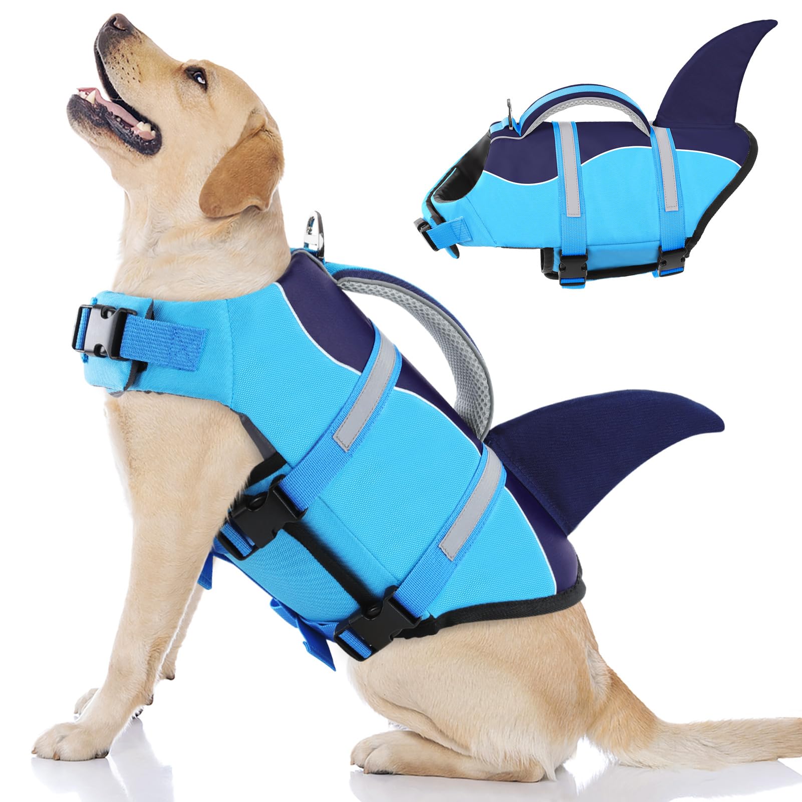 AOFITEE Dog Life Jacket - Shark Design Swimming Vest with Rescue Handle & Reflective Stripe for Small Medium Large Dogs (Blue, XL) - Perfect for Beach, Pool & Boating Safety