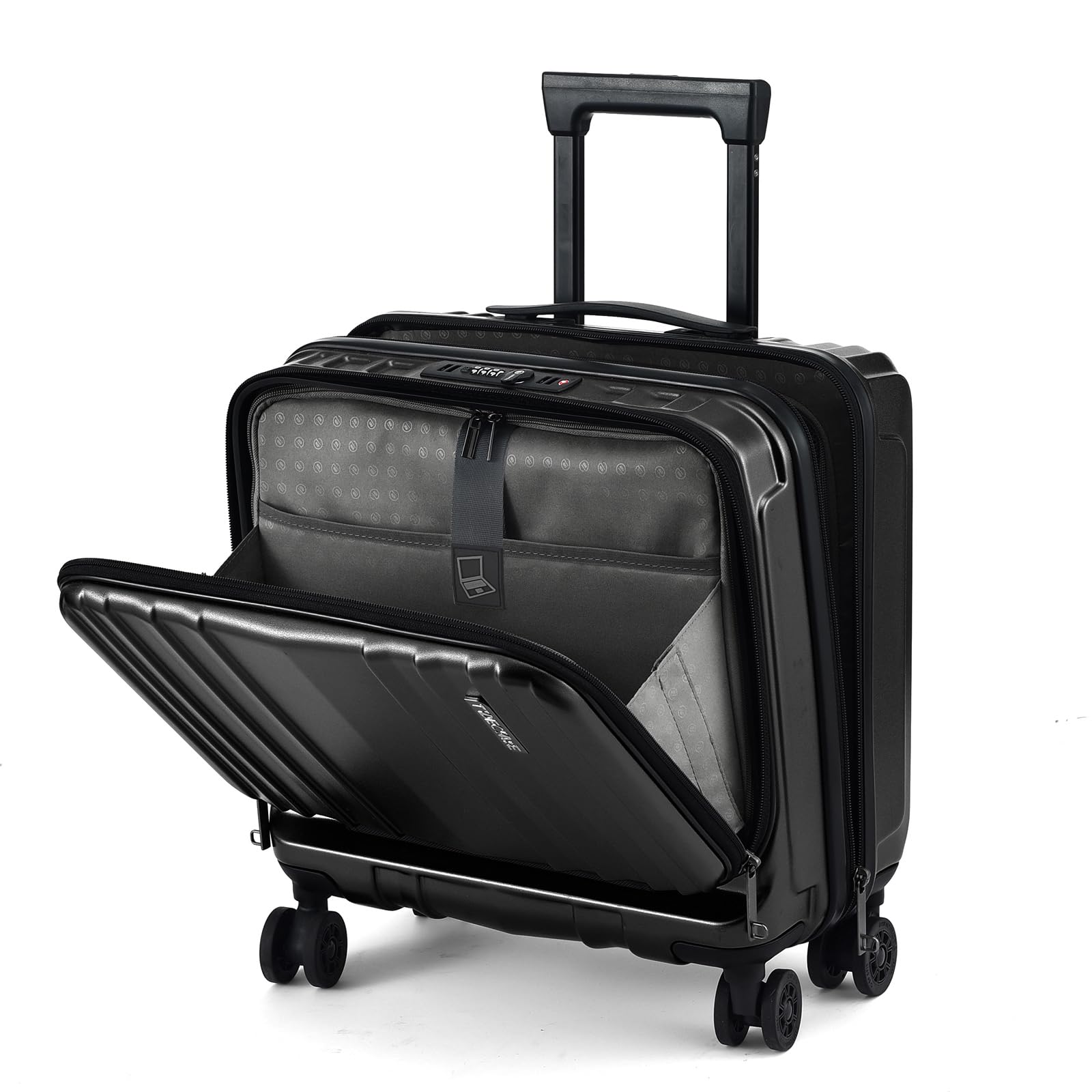 TydeCkare 16 Inch Carry On Luggage with 2 Laptop Compartments - Lightweight Hardshell ABS+PC Suitcase with TSA Lock, YKK Zippers & 4 Spinner Wheels - Perfect for Business Travel & Weekend Getaways (Black)