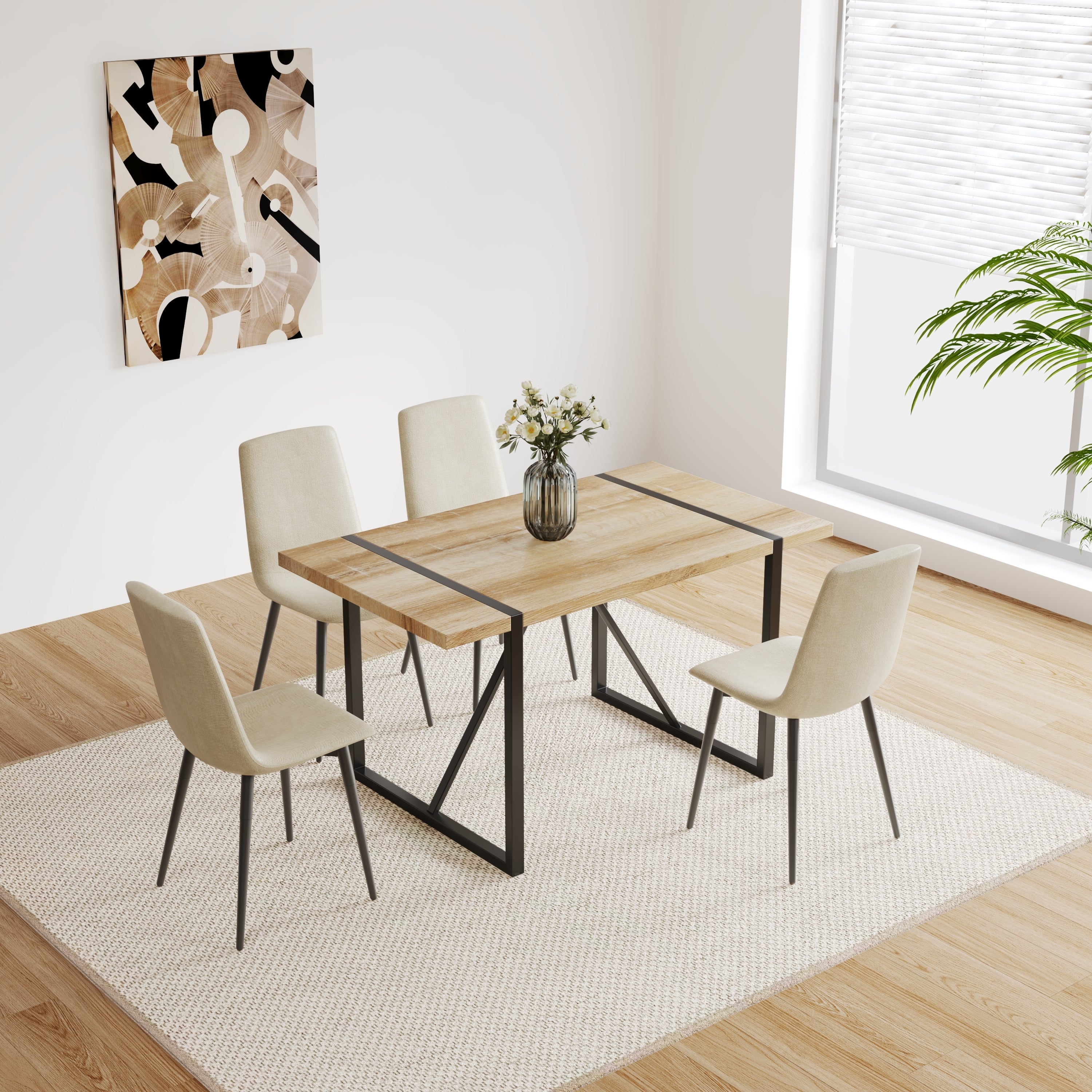 4-Piece Modern Upholstered Dining Chair Set - Linen Cushion Seats with Sturdy Black Metal Legs - Kitchen & Dining Room Accent Chairs (Beige) - Perfect for Small Spaces, Breakfast Nooks & Contemporary Home Decor